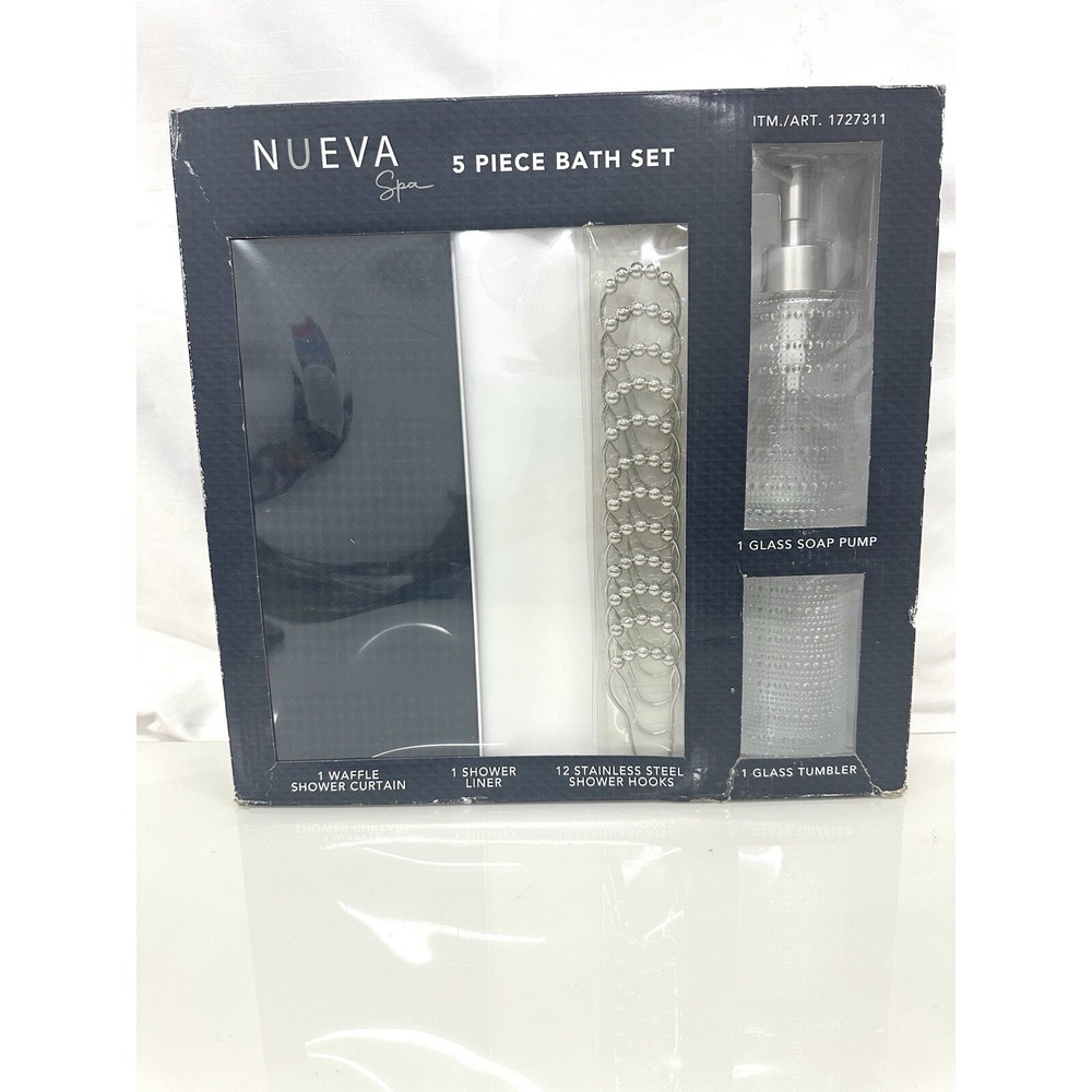 Nueva Spa 5 Pcs Bath Set Meriden Navy Shower Curtains Hooks Liner Pump Tumbler